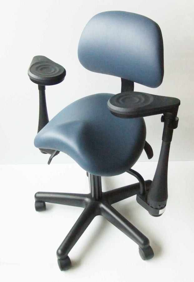 Saddle chair with backrest and rotating gel elbow rests